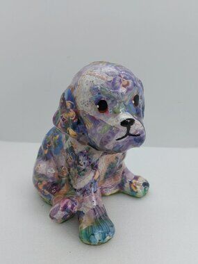 Vintage Ceramic Floral Decoupage Dog 6" Figurine